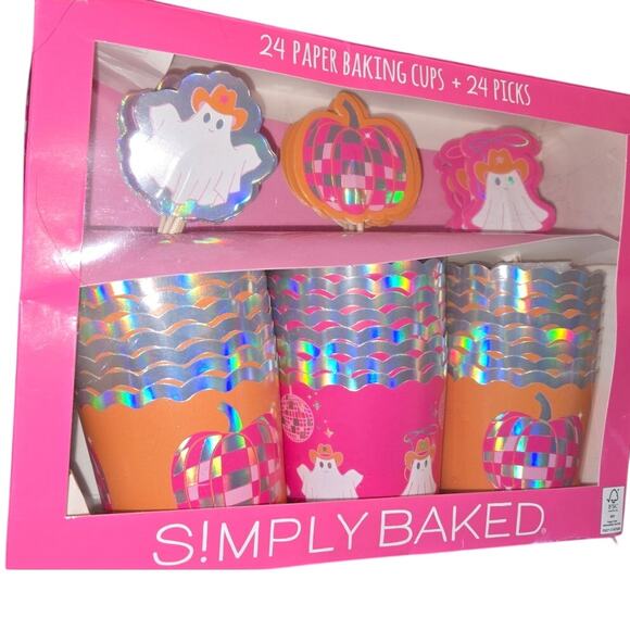 48pc Halloween Pink Cowboy Ghost Themed Cupcake Baking Cups & Picks Set NEW - Picture 2 of 6